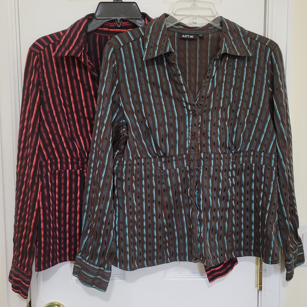 Apt 9 Petite PL Striped Button Down Shirt Lot of 2 Red Teal Long Sleeve Blouse